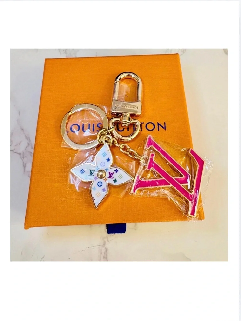 BAG CHARM/KEYCHAIN: Golden w/Pink Monogram & Multicolored Charm, NIP